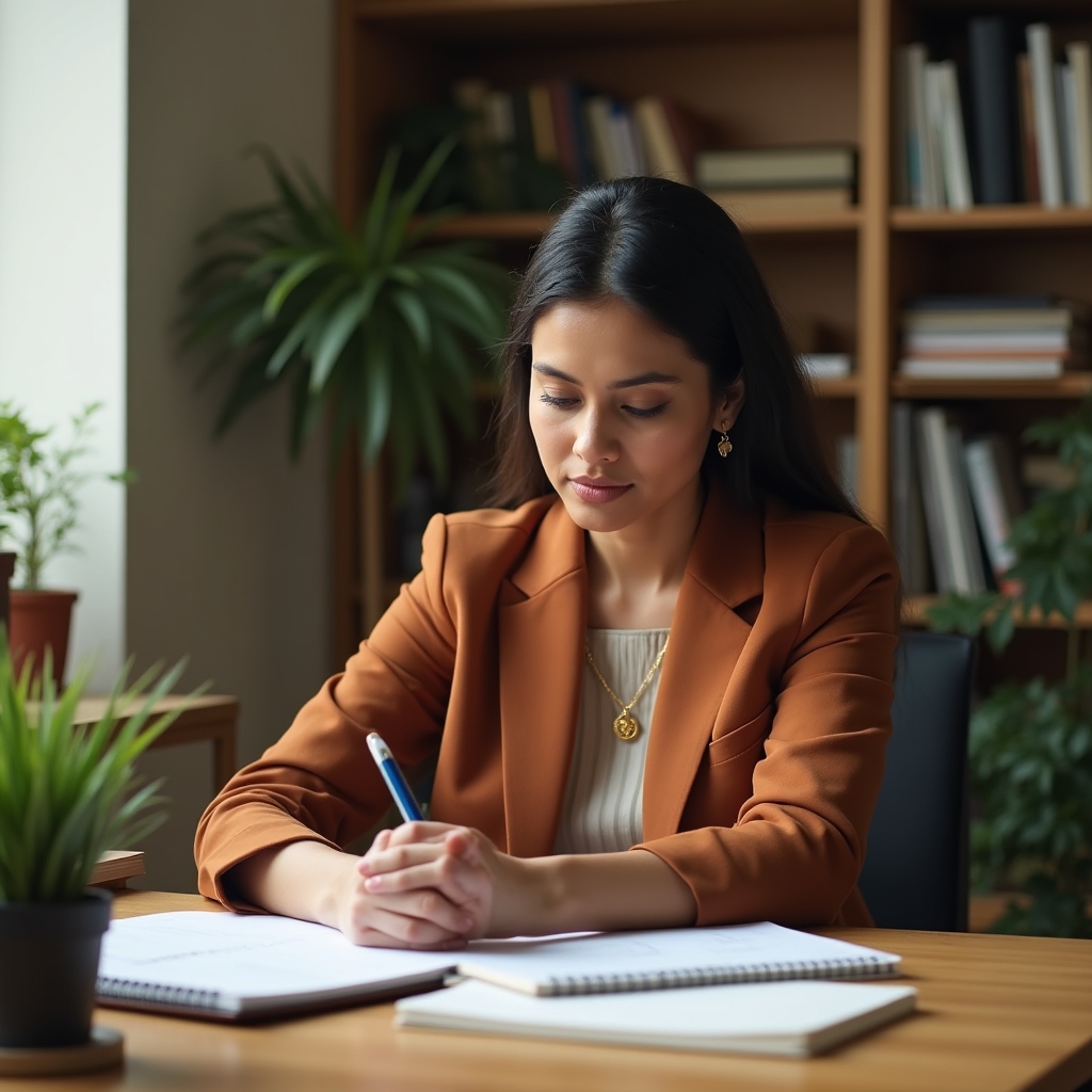 Business owner reviewing sustainability documentation with focused expression