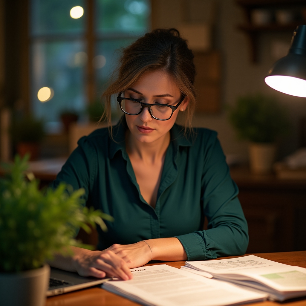 Manufacturer reviewing sustainability communication materials at a desk