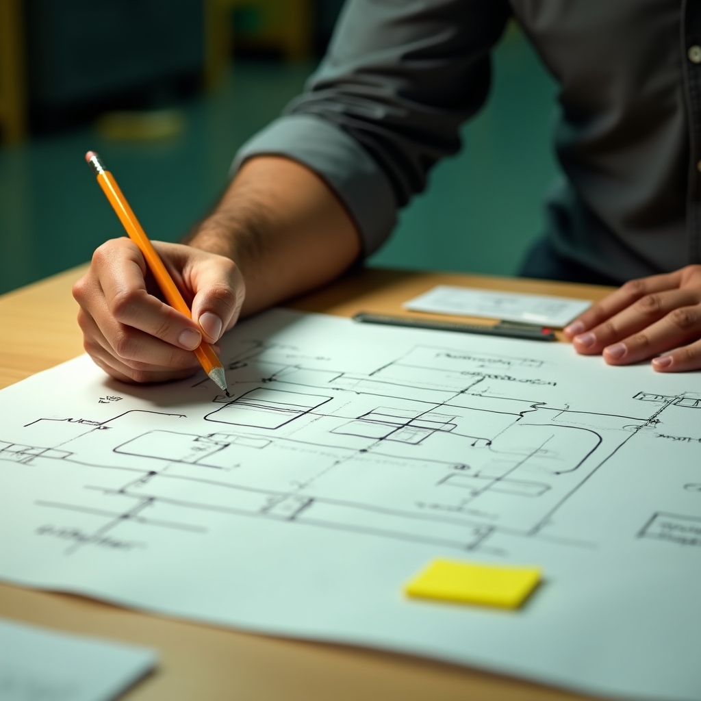Manufacturer mapping material flows on a production floor diagram