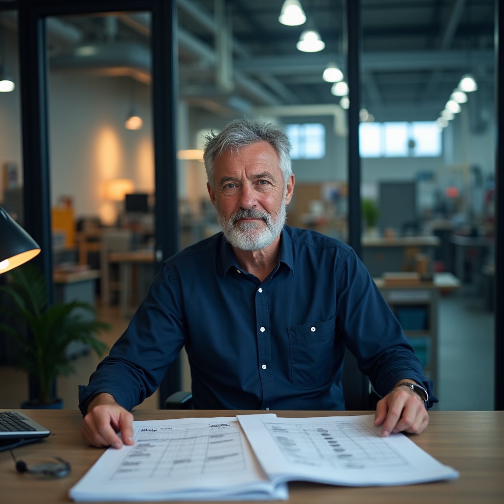 Production manager reviewing material planning documents in an office